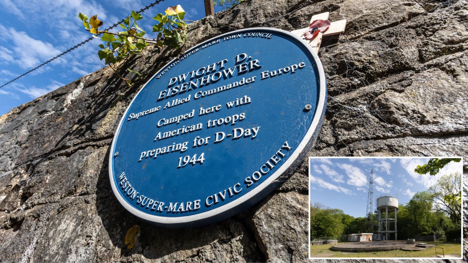A Blue plaque on a stone wall commemorating General Eisenhower's stay in Weston-super-Mare